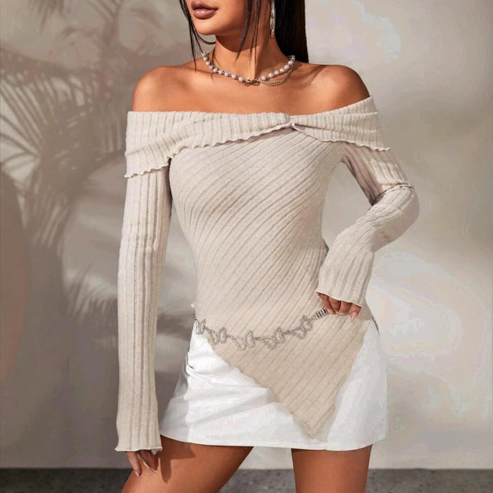 Dame Off-Shoulder Strikoverdel med ribstruktur og dekorativt bånd Stilla