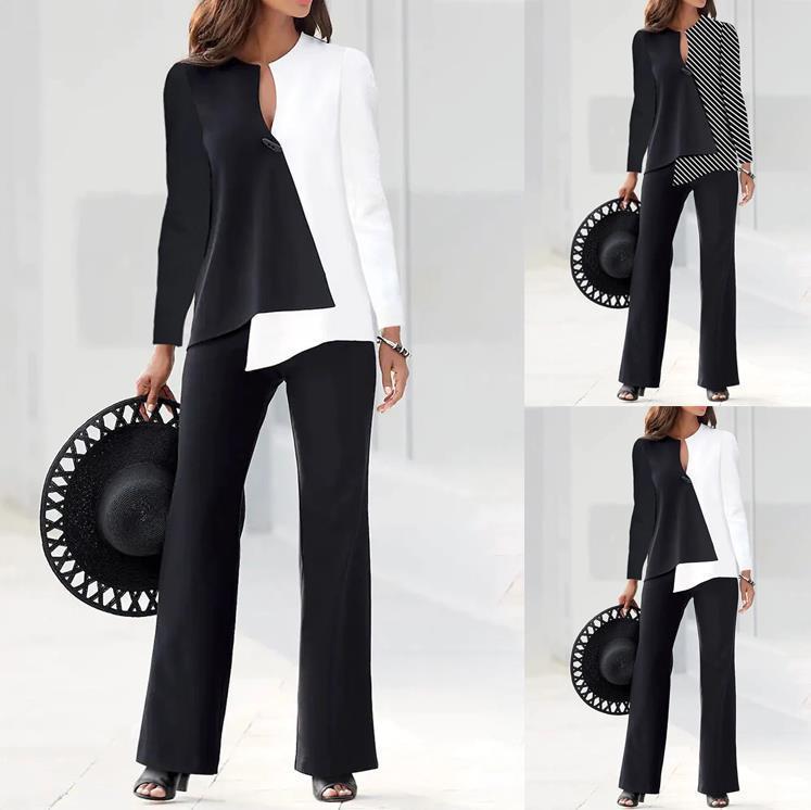 Dame elegant blazer sæt med asymmetrisk snit og stribet mønster Stilla