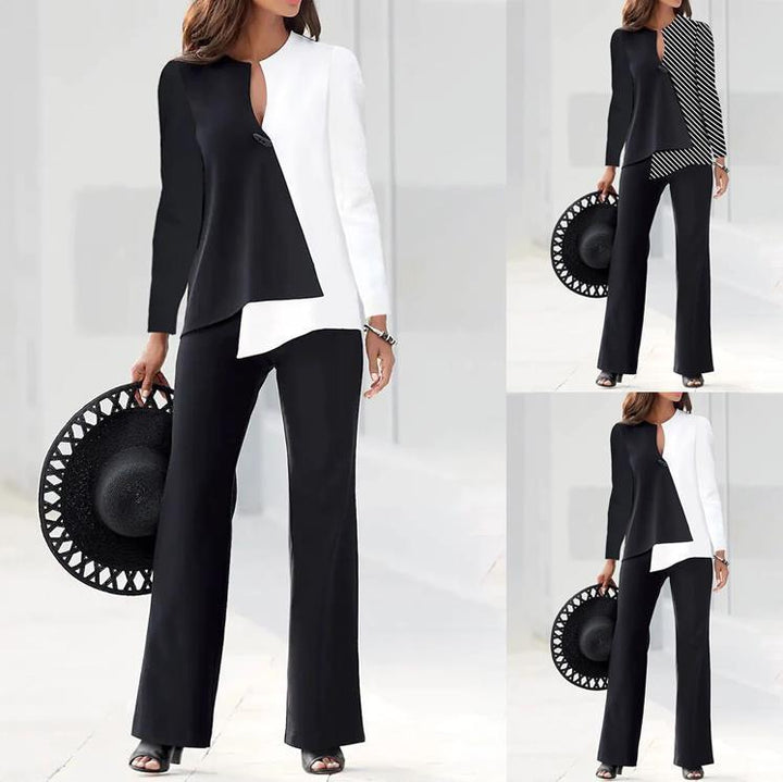Dame elegant blazer sæt med asymmetrisk snit og stribet mønster Stilla