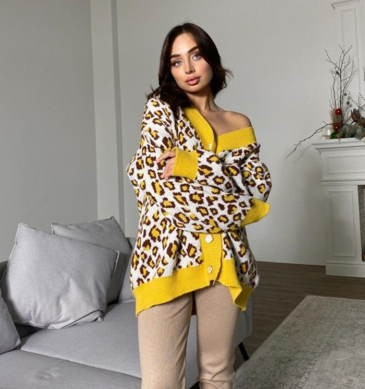 Dame Oversized Pullover med skulderdesign og livligt leopardmønster Stilla