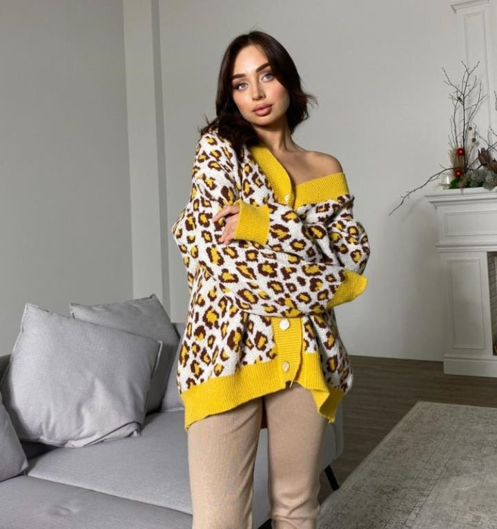 Dame Oversized Pullover med skulderdesign og livligt leopardmønster Stilla