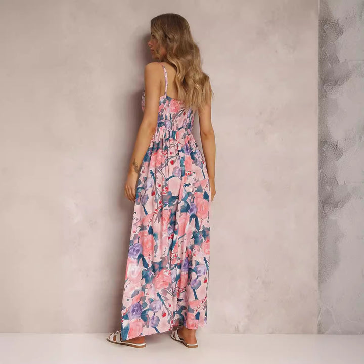 Dame maxikjole med blomstret omslagdesign og dyb V-hals Stilla