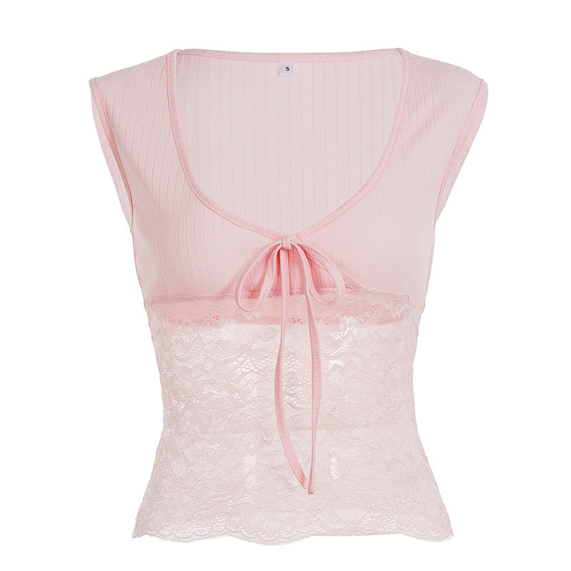Dame Spids Crop Top med Bindebånd og ærmeløst Design Skovae