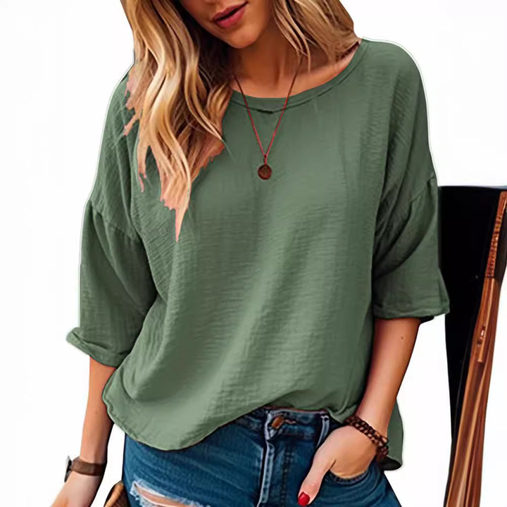 Dame afslappet oversized t-shirt med rullekrave og 3/4-ærmer Stilla