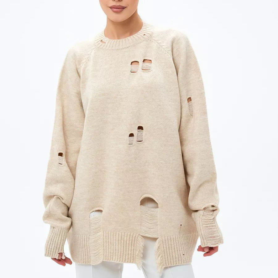 Dame Oversized Strikbluse med Frynser og Hul-Design Stilla