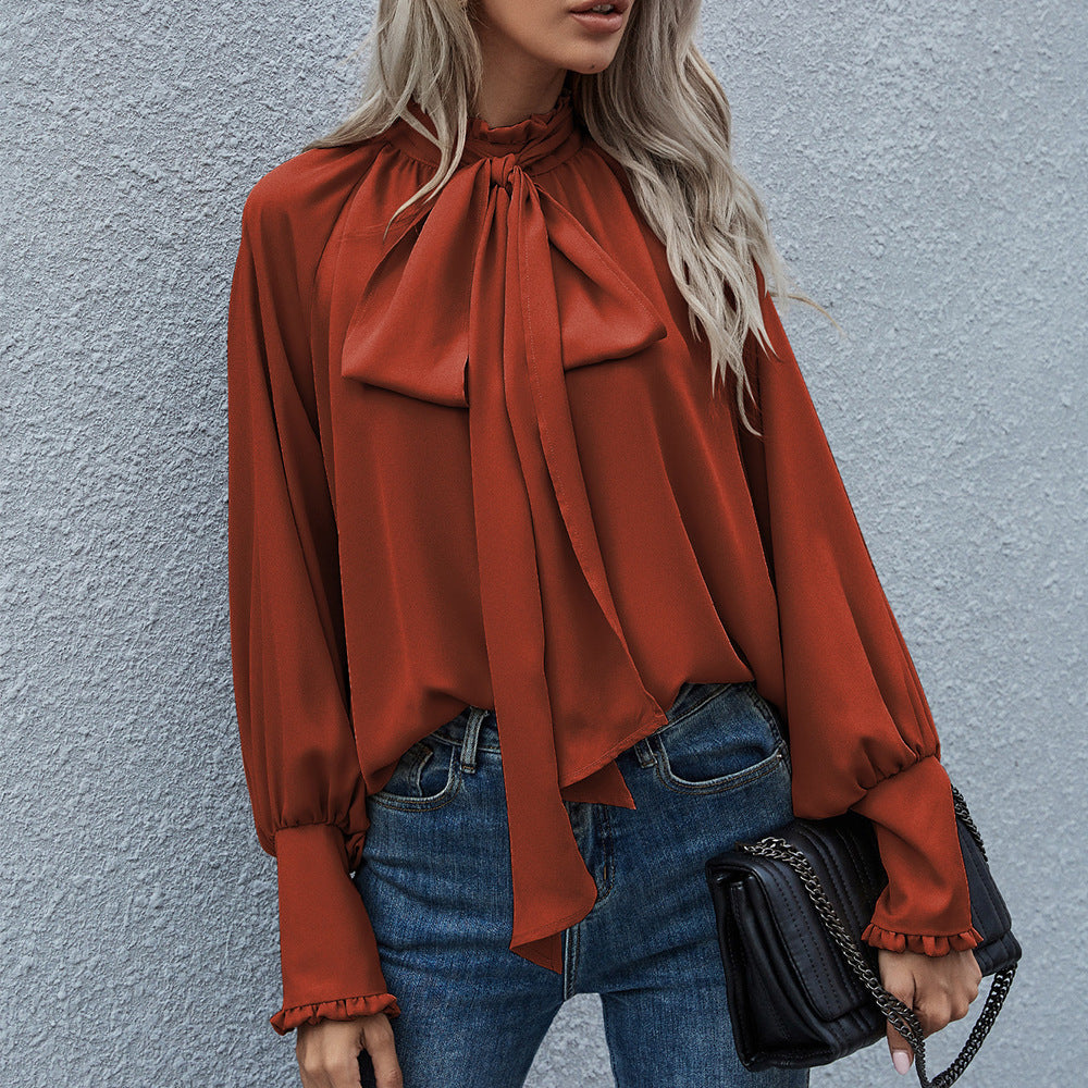 Dame Elegant Bluse med Bue og ballonformede Ærmer Stilla