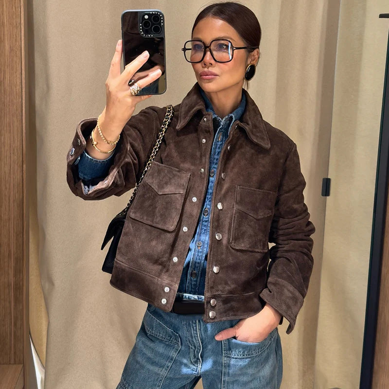 Kvinders Mode Suede Jakke med Praktiske Lommer Stilla