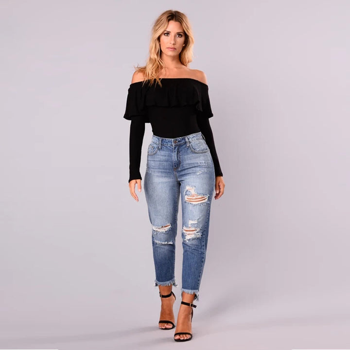Dame højtaljede rippede jeans med frynset søm og moderne brugt-look Stilla