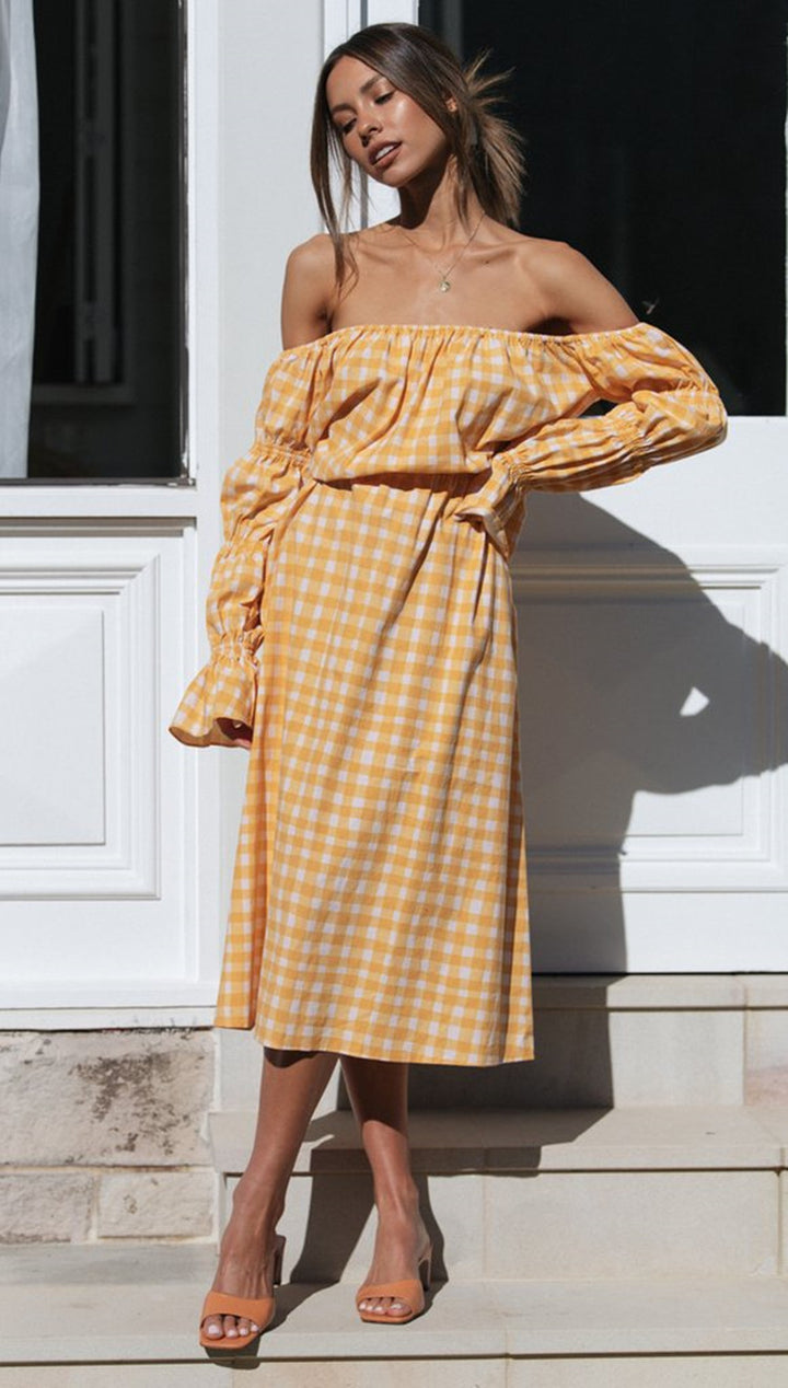 Damer Off-Shoulder Midi-kjole med elegante puffærmer i ternet mønster Stilla