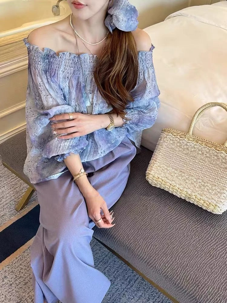 Dame bred bluse med flæseærmer og elegant høj talje bukser Stilla