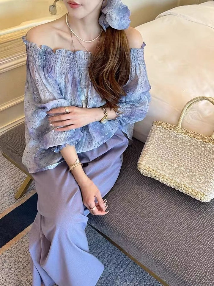 Dame bred bluse med flæseærmer og elegant høj talje bukser Stilla