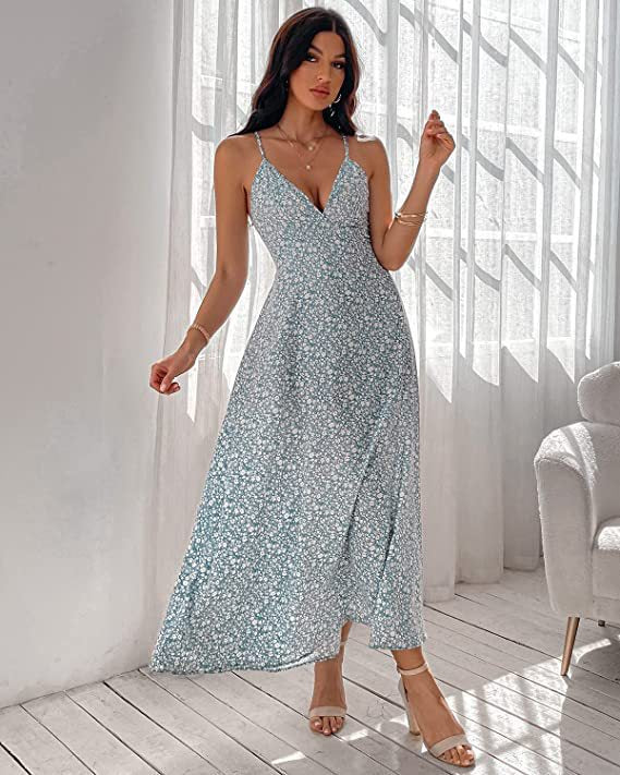 Damer maxi kjole med blomstret design og elegant V-udskæring Stilla