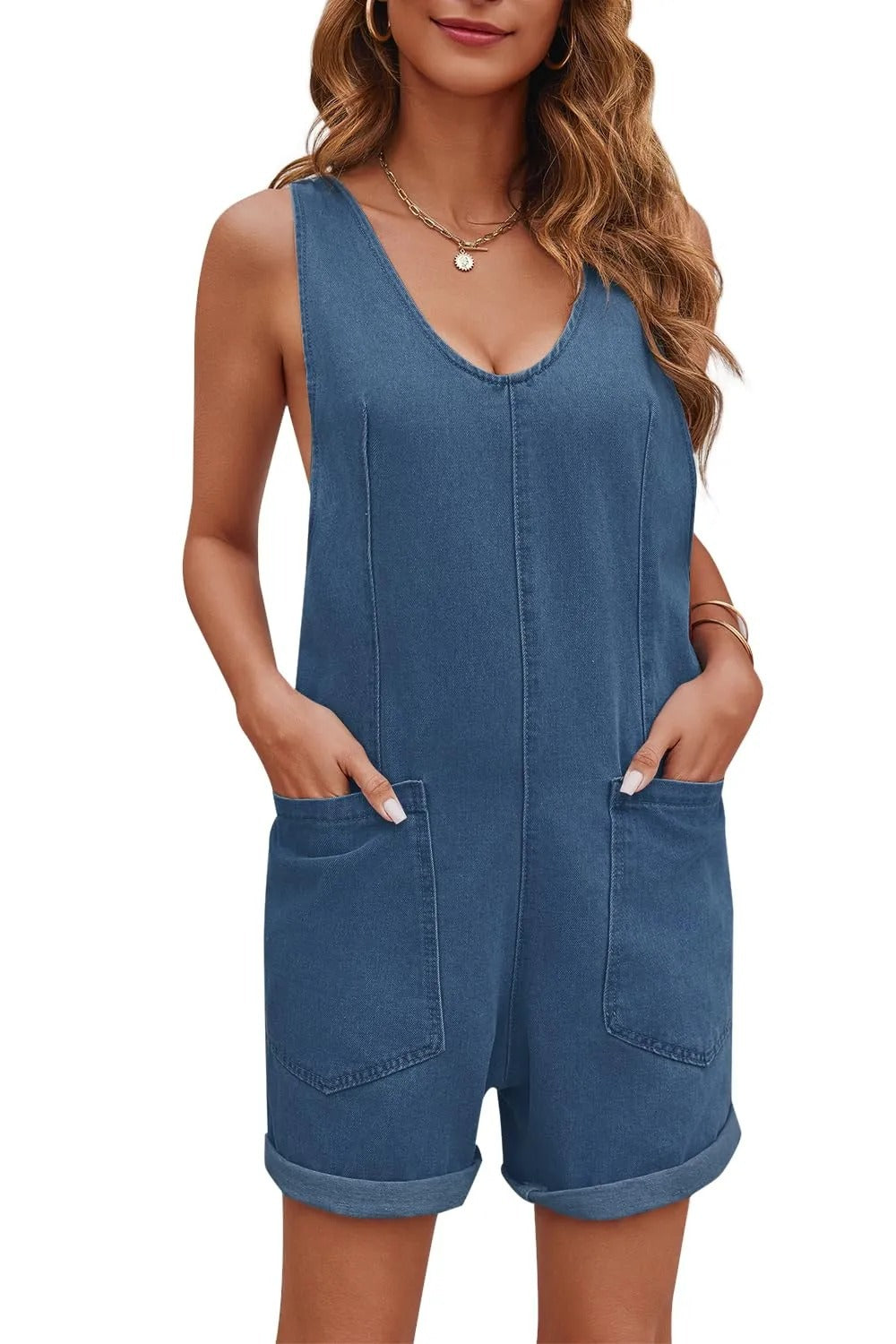 Dame afslappet Denim-overall med dyb V-udskæring og praktiske lommer Stilla