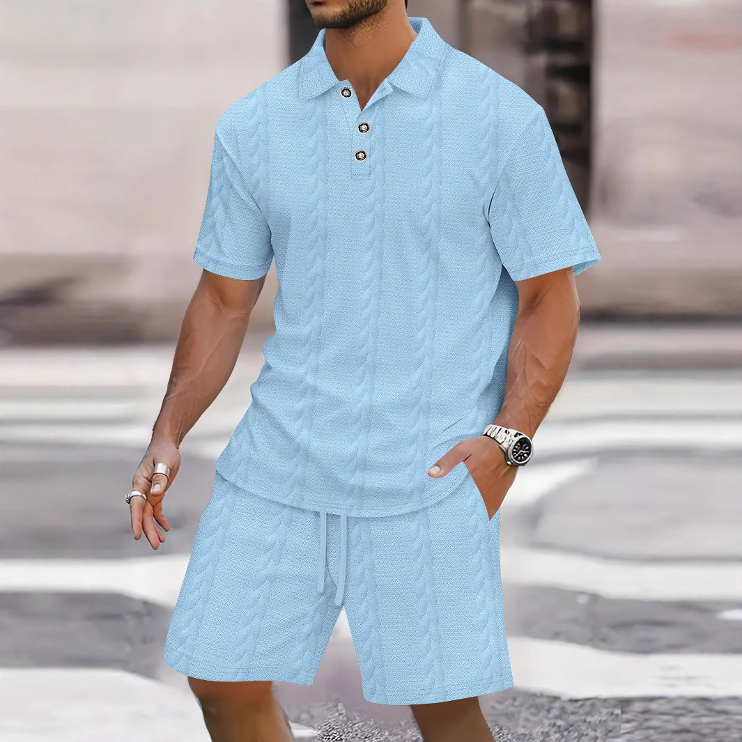 Herrer fritids-sæt med struktureret polo-shirt og shorts Stilla