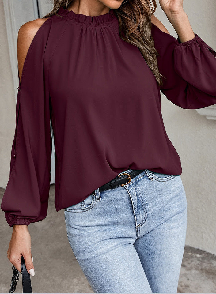 Dame Off-Shoulder Bluse med ballonformede ærmer og flæsekrave Stilla
