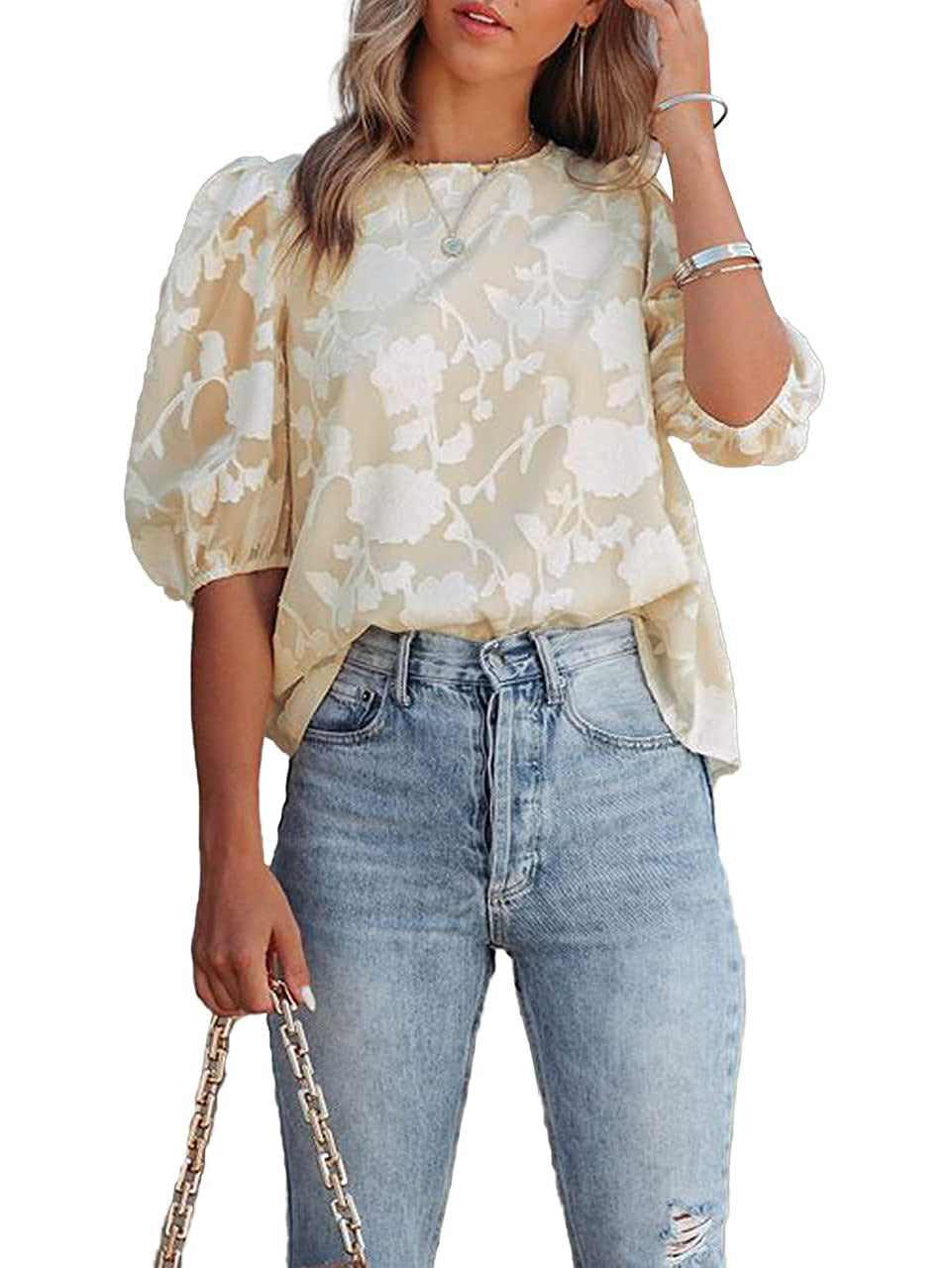 Damer Elegant Bluse med Puffærmer og floral Jacquard Stilla