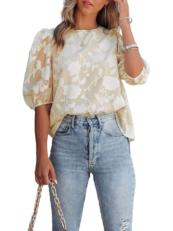 Damer Elegant Bluse med Puffærmer og floral Jacquard Stilla