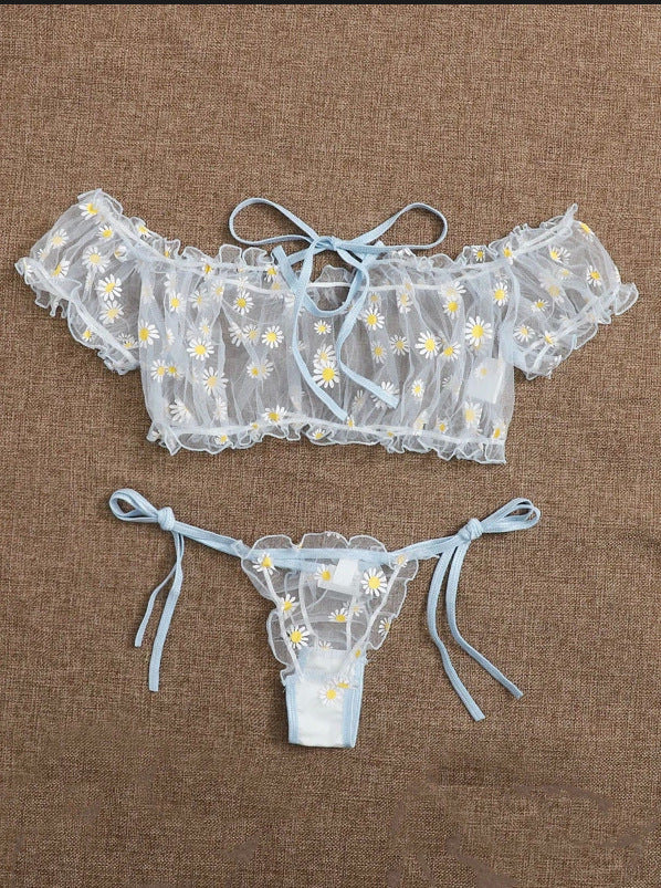 Dame Floral Broderet Crop-Top og Cheeky Brief-Sæt Stilla