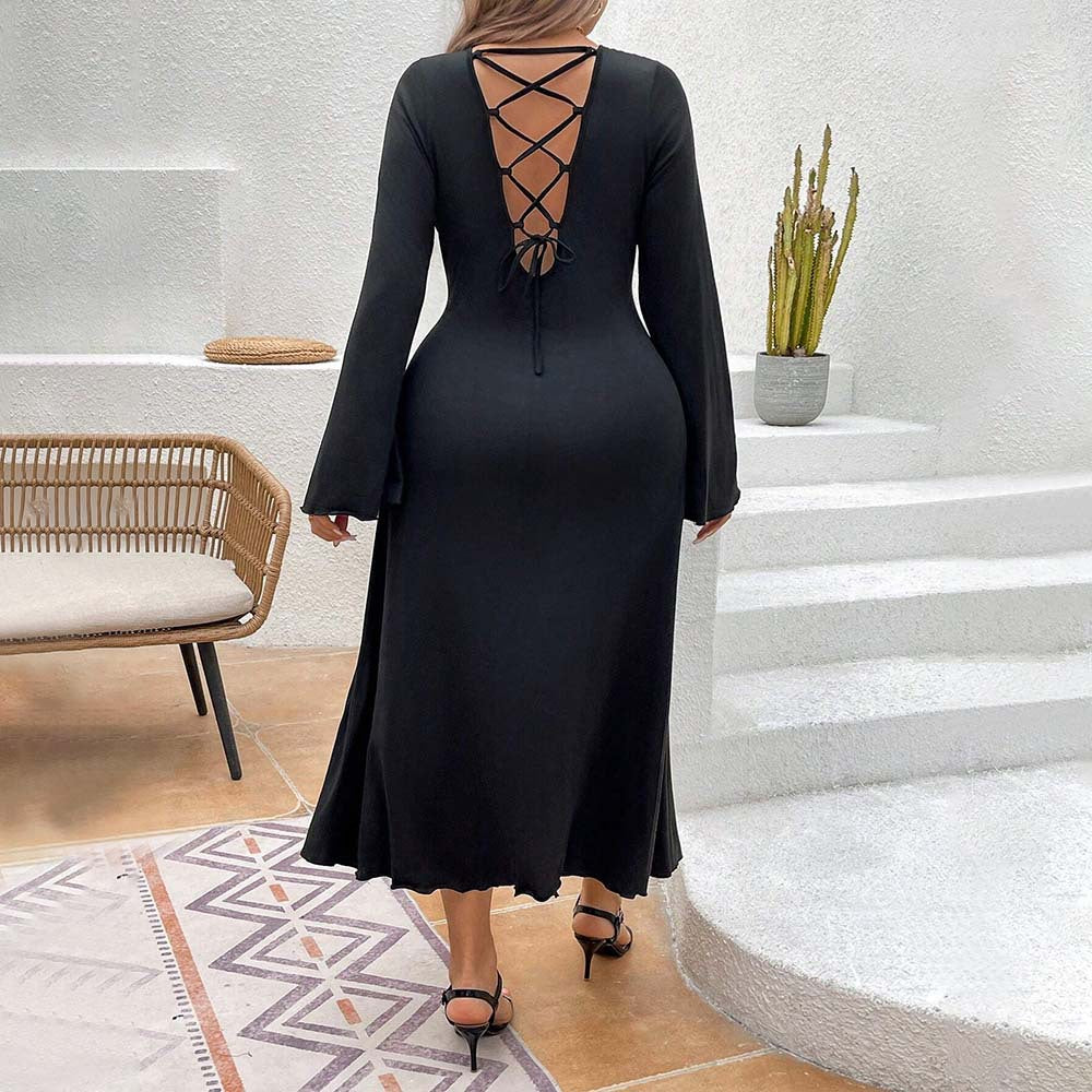 Dame elegant maxikjole med lange ærmer og svajende kant Stilla