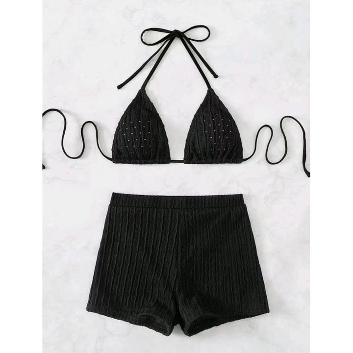 Dame triangel-bikini med høj kvalitets flæse design og stretchy shorts Skovae