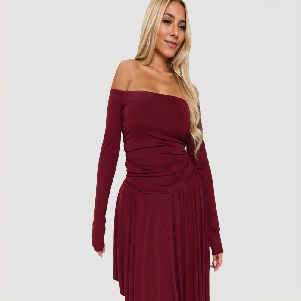 Damer Off-Shoulder Midi Kjole med Asymmetrisk Kant og Lange Ærmer Stilla