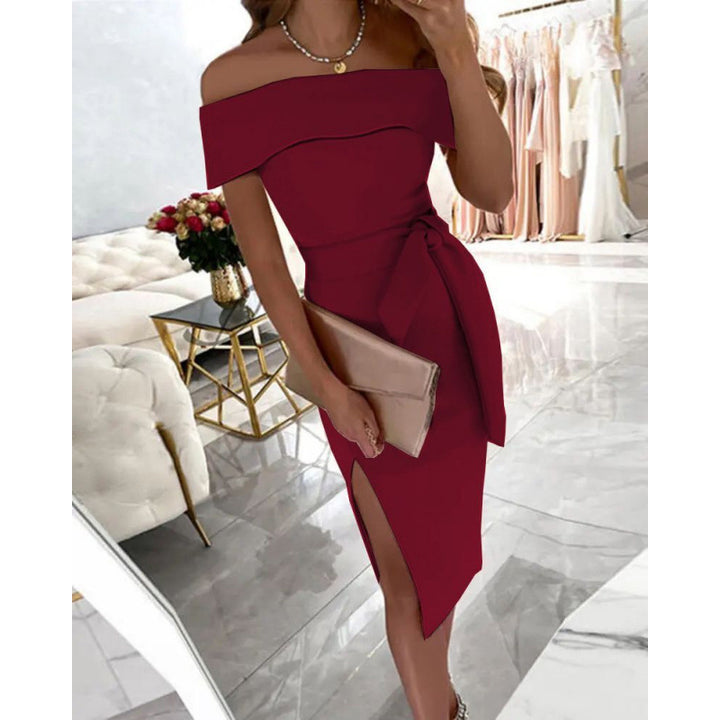 Dame Elegant Off-Shoulder Midi Kjole med Bindebælte Stilla