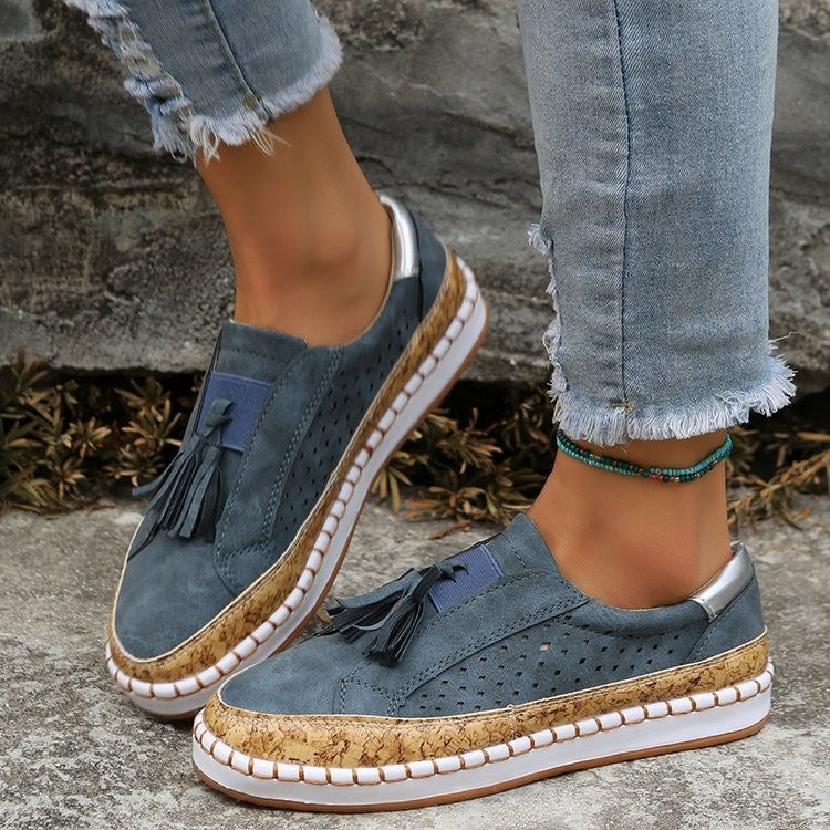Dame komfortable Slip-On Sneakers med stilfulde fransender og korksål Stilla
