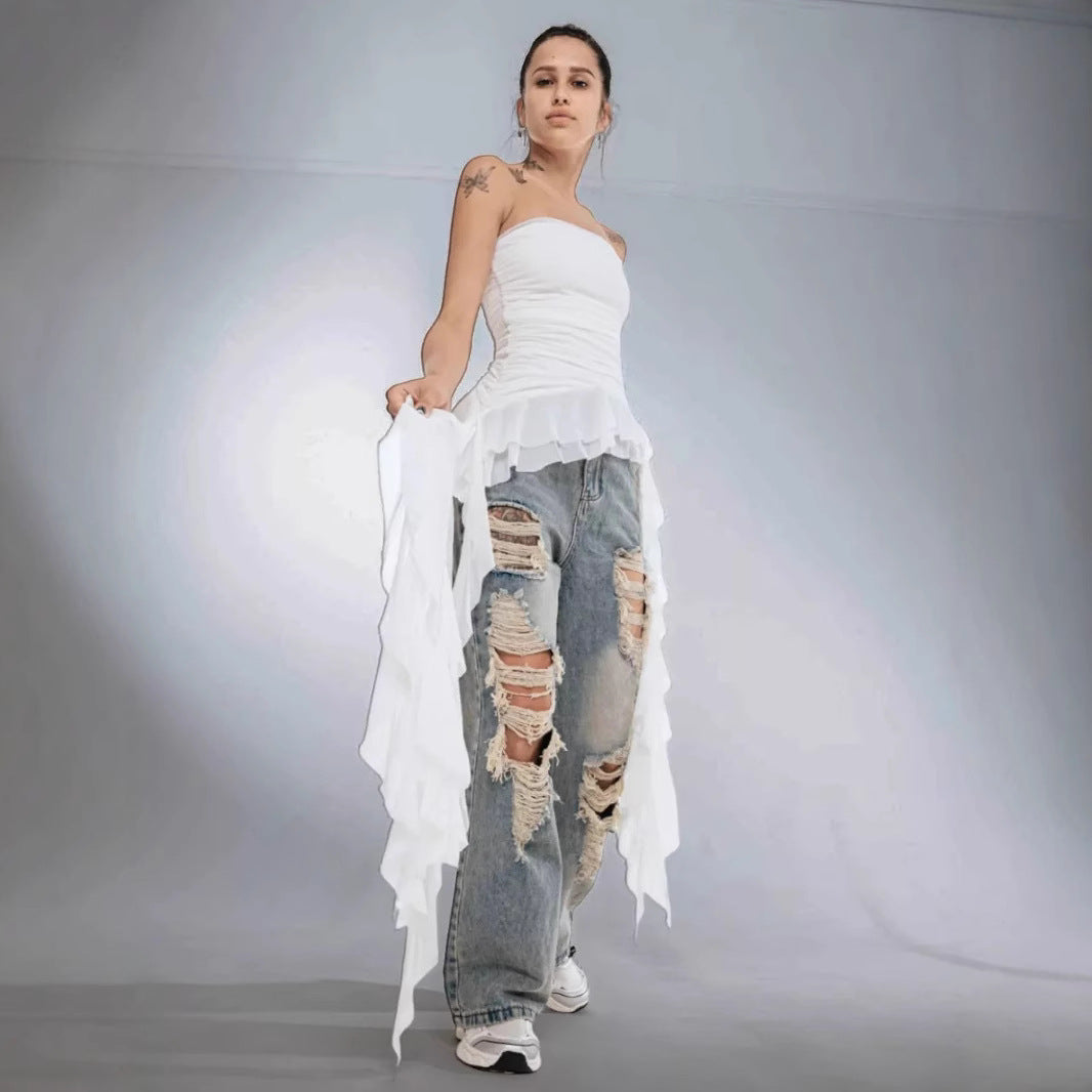 Dame figursyet Top med asymmetrisk flæser og elegante draperinger Stilla