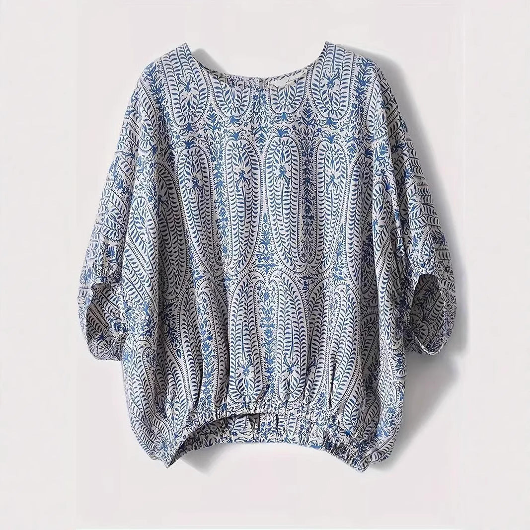 Damebluse i afslappet Boho-stil med elastisk talje og snøring i ryggen Stilla