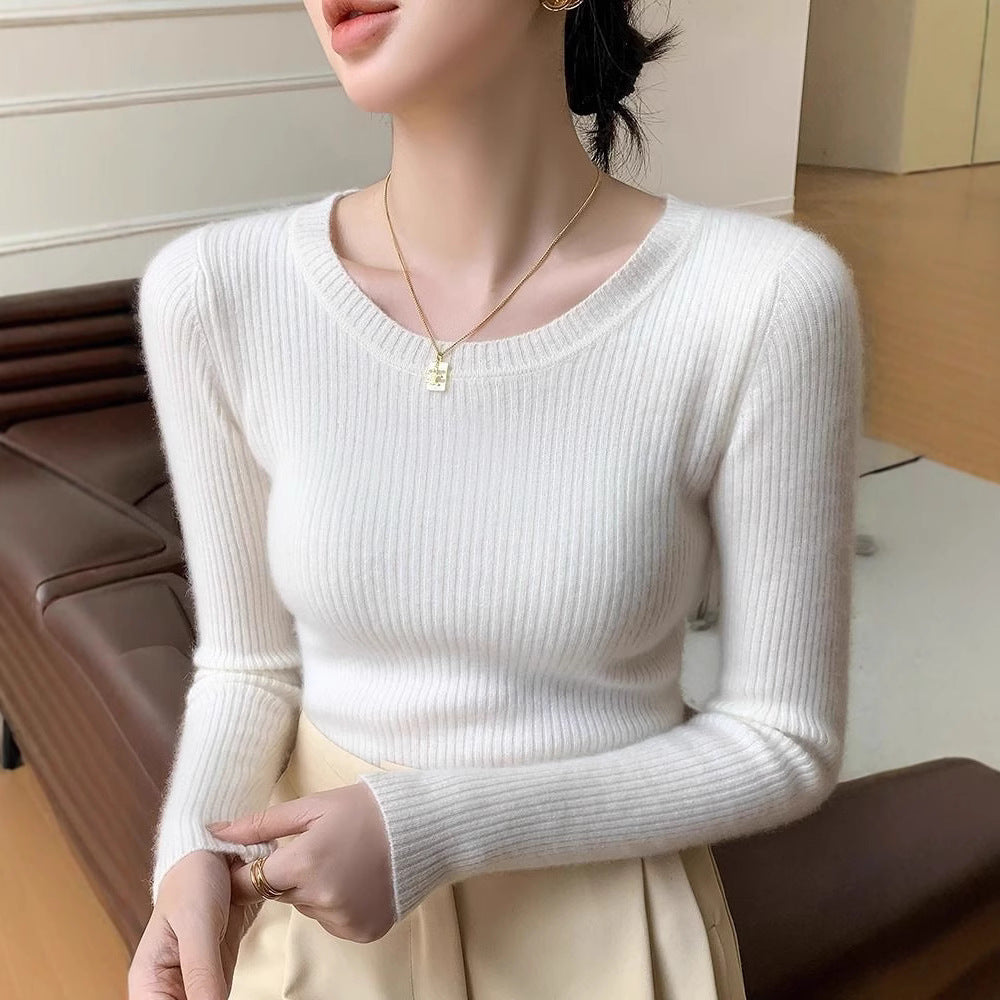 Dame fin ribbet strikket pullover med rund hals Stilla