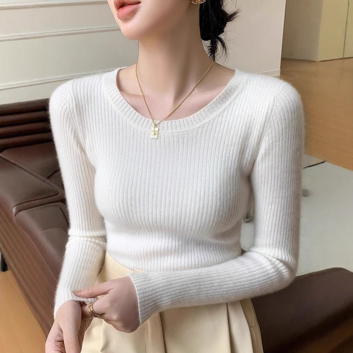 Dame fin ribbet strikket pullover med rund hals Stilla