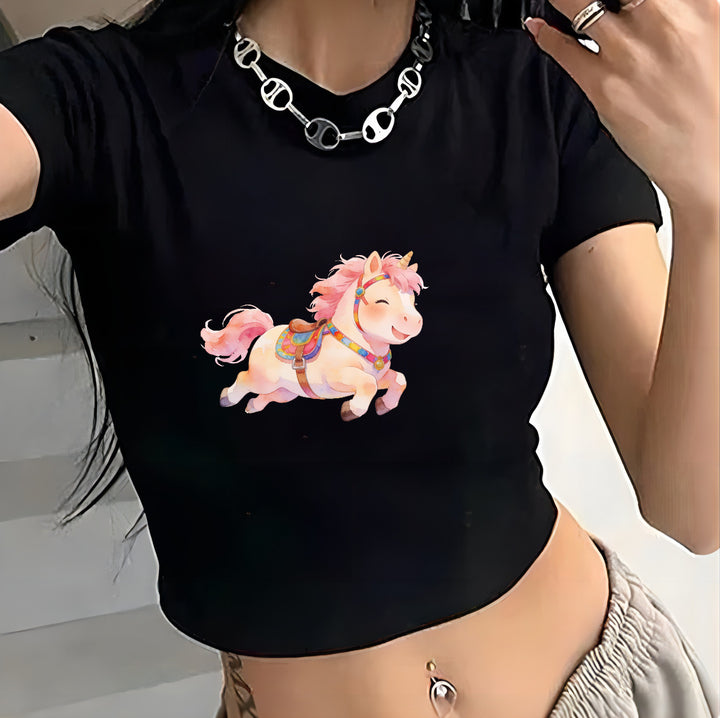 Dame Crop-T-shirt med legende illustreret enhjørningemotiv Skovae