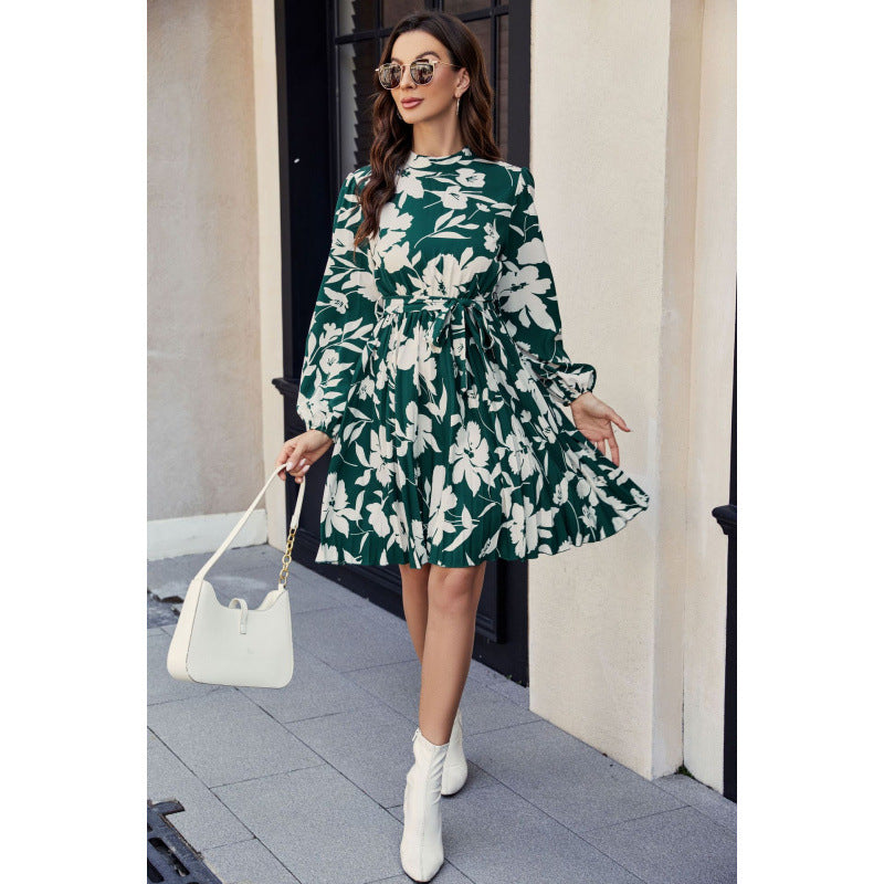 Dame Floral Print A-Linien Kjole med Bælte talje Stilla