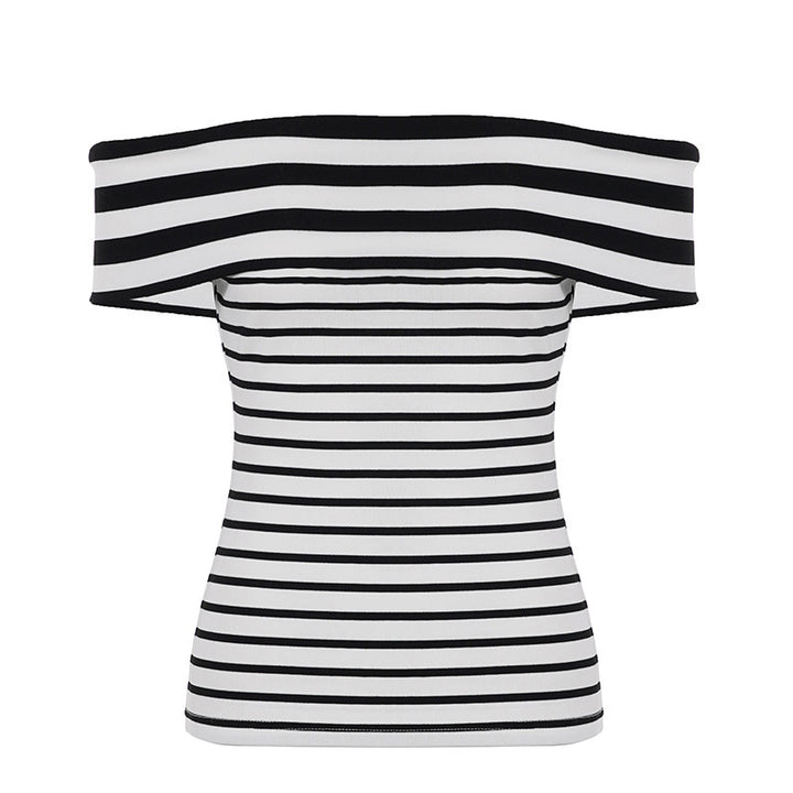 Dame Off-Shoulder Top med stribet design og bred krave Skovae