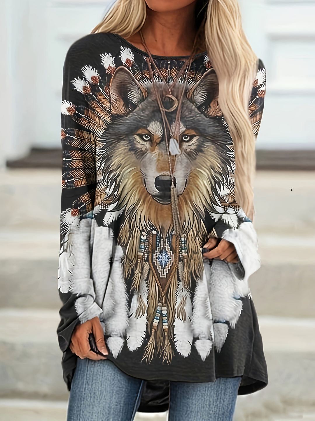 Dame Oversized Sweatshirt med grafisk ulvedesign Stilla