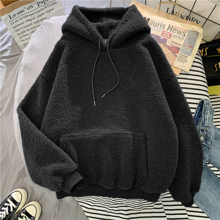 Femme Plush-fleece-hoodie med kængurulomme og justerbare snore Stilla