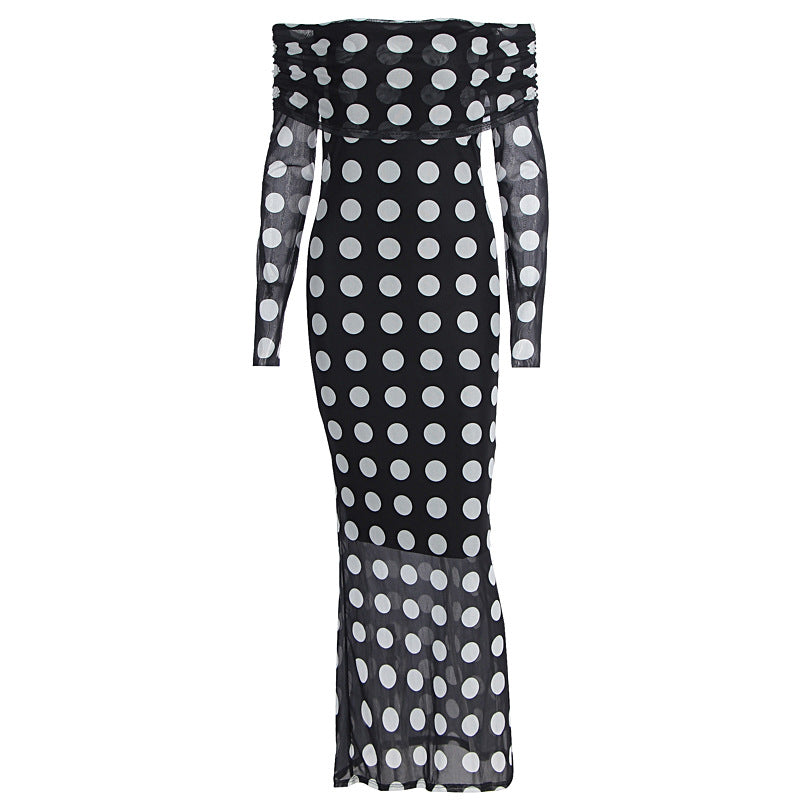 Dame Elegante Maxikjole med skulderfri design og prikker Skovae