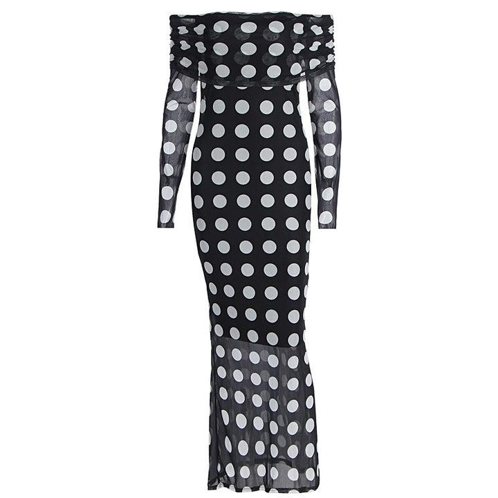 Dame Elegante Maxikjole med skulderfri design og prikker Skovae