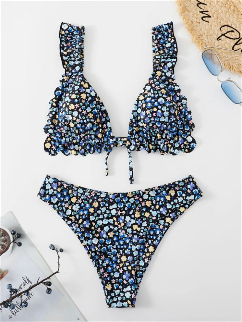 Femme Floral Print Ruffle Bikini Sæt Stilla