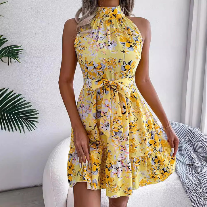 Dame sommerkjole med høj krave og blomstermønster Stilla