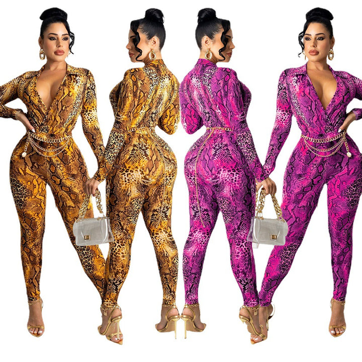 Dame Slangeprint Langærmet Bodysuit Jumpsuit Stilla