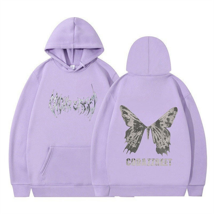 Kvinders hoodie med iøjnefaldende sommerfugl design og kunstnerisk skrift Skovae