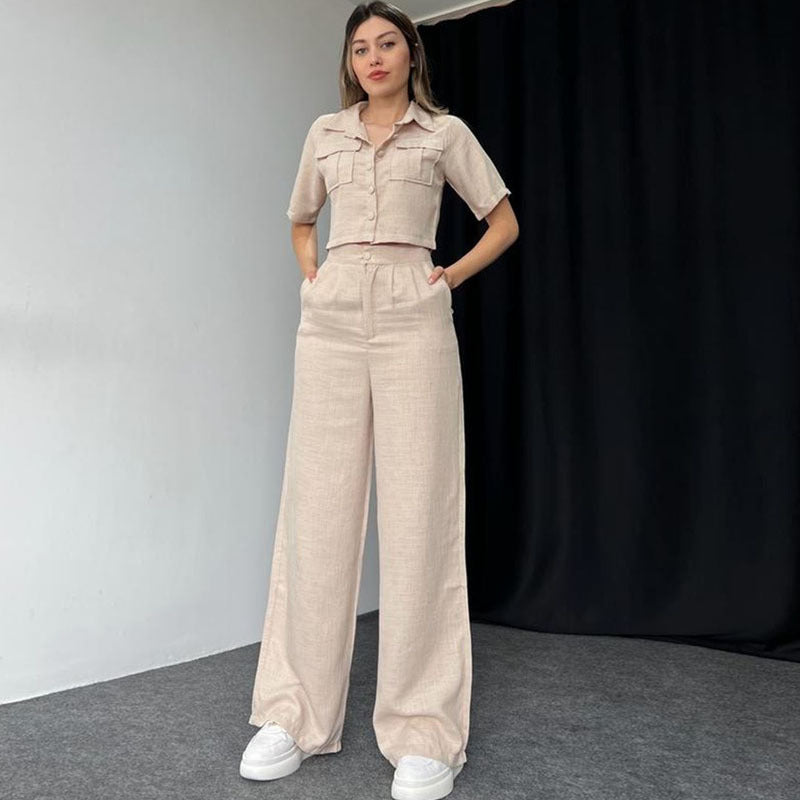 Dame Mode To-delt Sæt med cropped Bluse og vide Bukser Stilla