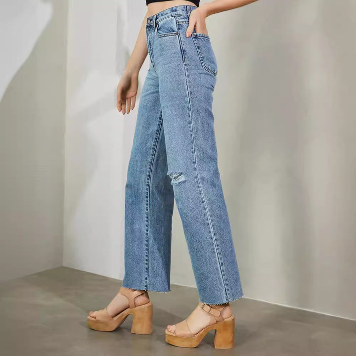 Dame High-Waist Jeans med iøjnefaldende riv detaljer og bredt skåret ben Stilla
