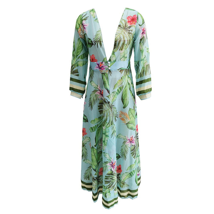 Dame Strandkimono i azurblåt tropisk design med blomsterprint og bælte Stilla
