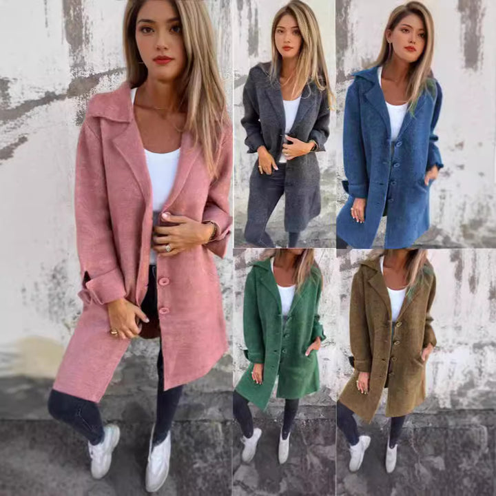 Dame Casual Uldfrakke med store lommer og dekorative knapper Stilla