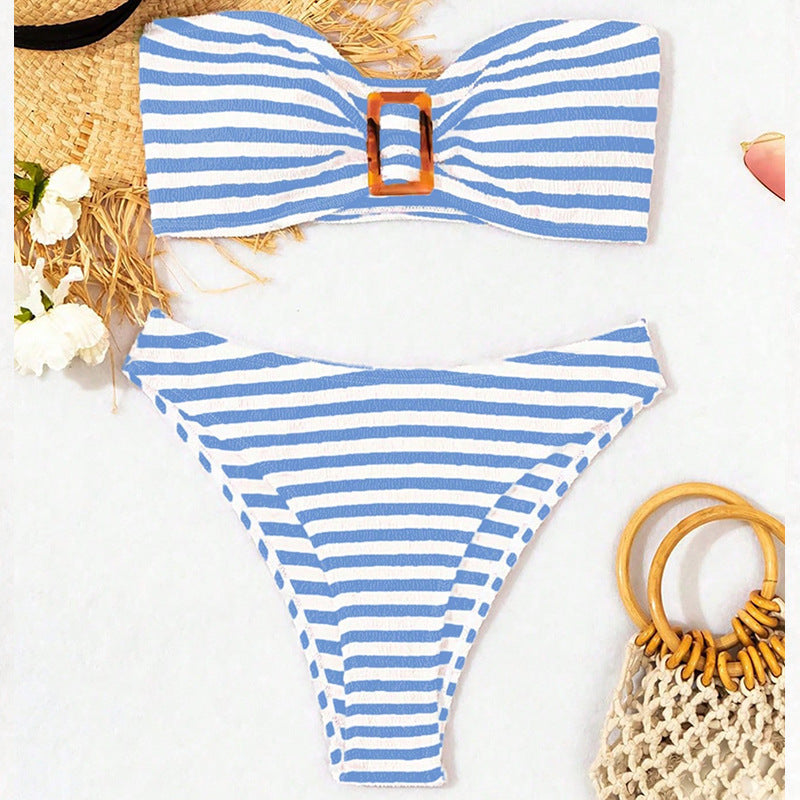 Dame bandeau-bikini med moderigtigt ringdetalje og højt benudskæring Skovae