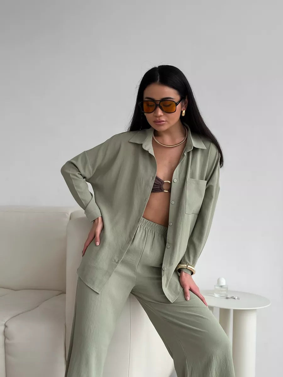 Dame løs linned-buksedragt sæt med elegant bluse og elastisk talje Stilla