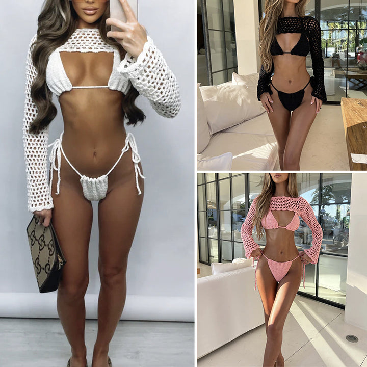 Dame hækle-bikini-sæt med langærmet gennemsigtigt top og høj udskæring Skovae