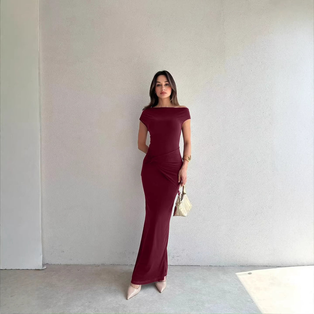 Kvinder Elegant Maxikjole med Off-Shoulder Design og dekorativ rynkning Skovae
